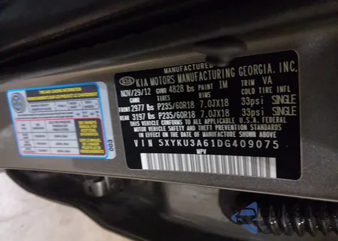 2013 Kia Sorento Ex из США, поврежденный, VIN 5XYKU3A61DG409075